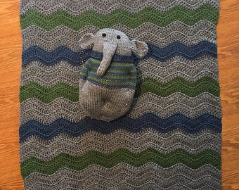 Adorable Elephant and Matching Crochet Baby Blanket - Navy Blue, Green and Grey - Perfect Baby Shower Gift - Chevron, Wavy, ZigZag Safari