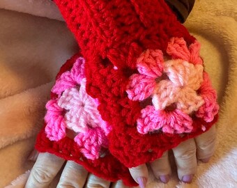 Valentine Red and Pink Granny Square Fingerless Gloves