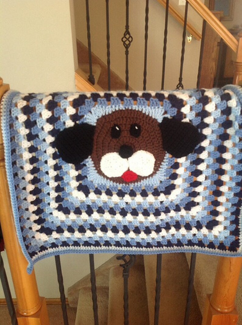 Adorable Crochet Granny Square Blanket Blue Puppy Dog