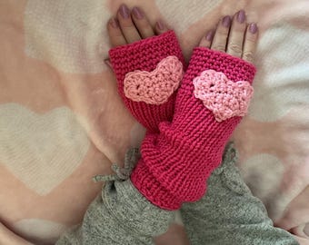 Hand-Knit Pink Fingerless Gloves – Acrylic Mitts with Hearts