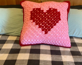 GIANT Heart Pillow - Crochet Pillow in Pink and Red - 24x24 - Perfect Throw Pillow Decoration Retro