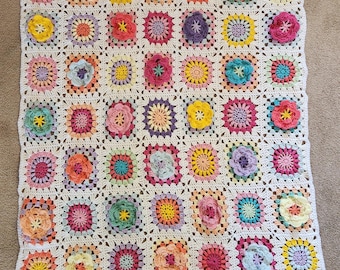 Beautiful Mixed Flower Garden Granny Square Blanket Throw