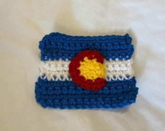 I Love Colorado Coaster -  Crochet Quiet Drink Coaster - Lucky blue, white, red and yellow