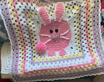 Adorable Easter Bunny Love Keepsake Baby Blanket - Granny Square Throw in Pink, Yellow, Lavender Purple and White