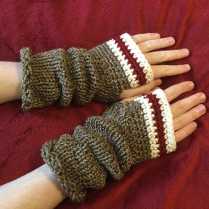 Fans of the Sock Monkey - Hand-Knit Fingerless Gloves - Long in Brown, Cream and Red