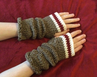 Fans of the Sock Monkey - Hand-Knit Fingerless Gloves - Long in Brown, Cream and Red