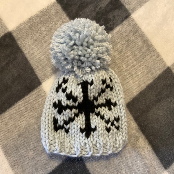 Christmas Tree Ornament - Light Blue Knit Hat with Black Snowflake and Big Pompom