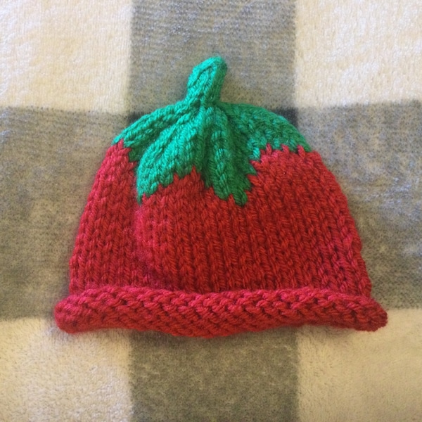 SALE - Preemie Baby Hat - hand-knit tomato apple strawberry hat in red and green