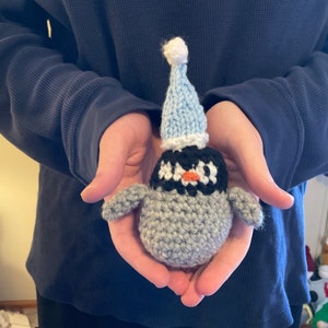 Adorable Little Crochet Baby Penguin with Hat - Winter Fun in Grey and light blue