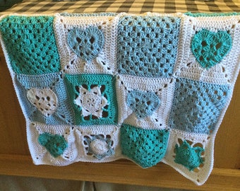 Gorgeous Valentines Day Crochet Granny Square Blanket Throw - Hearts and Snowflakes in White, Blue and Aqua