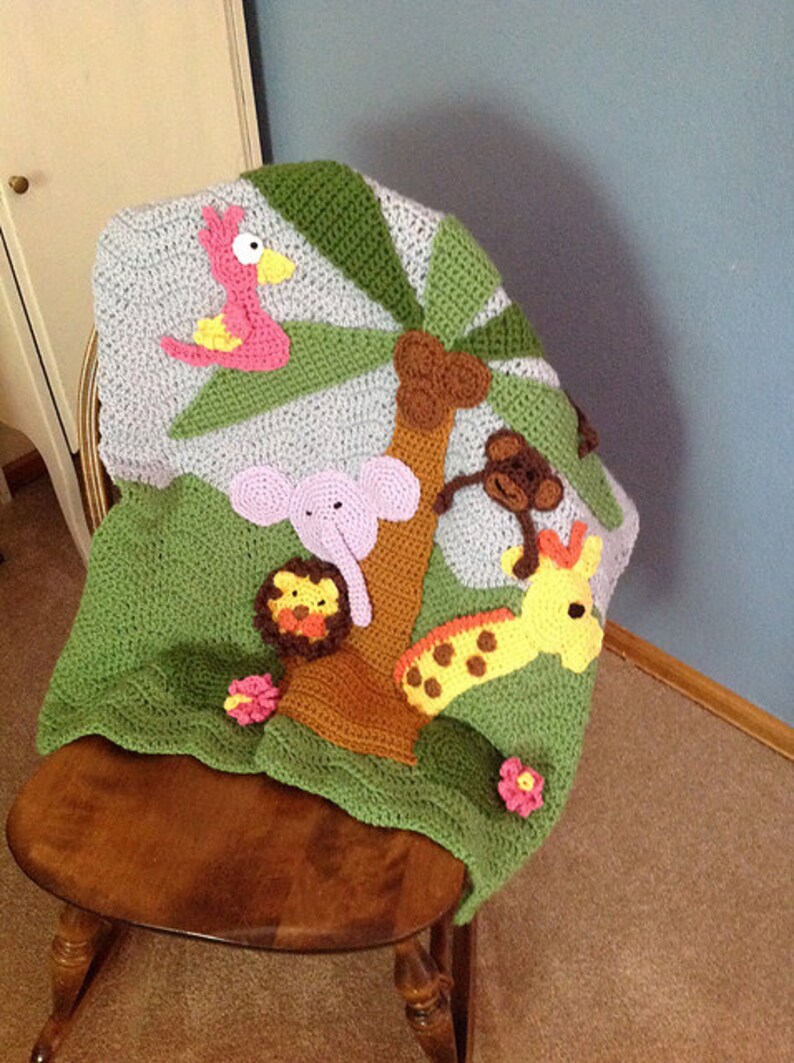 Custom Jungle Theme Crochet Baby Blanket With Giraffe Lion Elephant and ...