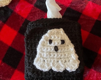 Happy Halloween Black Cube Tissue Box Cover with cute white GHOST