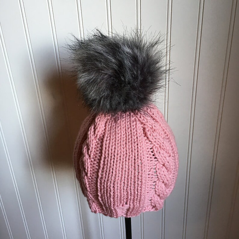 Perfect in Pink Pink Knit Hat With Cables and Giant Faux Fur Etsy