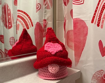 Happy Valentine Gnome - Adorable Knit Gnome Toilet Paper Roll Cover - red and pink with heart - perfect decor