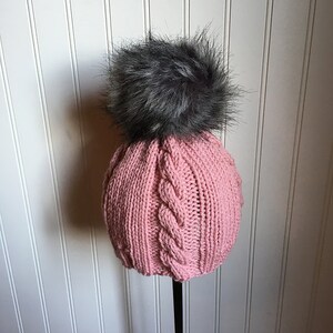 Perfect in Pink - Pink Knit Hat With Cables and Giant Faux Fur Pom Pom ...