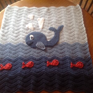 Adorable Crochet Baby Blanket - Blue Whale in the Ocean Waves with Fish - Ripple Design
