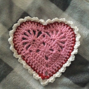 Soft Retro Crochet Valentine Heart Doily in Pink with Red Trim and White Ruffle