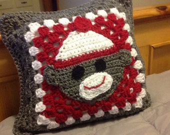 Fans of the Sock Monkey - Fun Granny Square Pillow 12x12 in Red, Grey and White
