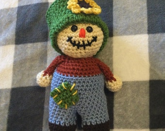 Sitting Pretty - Cute Scarecrow Buddy - Green, Blue and Pumpkin Crochet Cute Thanksgiving Toy