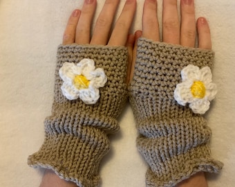 Hand-Knit Fingerless Gloves in Tan Beige with Cute Little Flowers