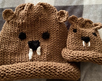 SALE - Mother and Baby Set:  Happy Ground Hog Day - Adorable Knit Groundhog Woodchuck Animal Hats