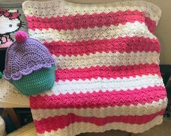 Beautiful Crochet Baby Blanket - Bright Pink and White Stripes - Perfect Baby Shower Gift - Chevron, Wavy, ZigZag