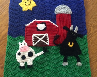 Crochet Baby Farm Blanket - Red Barn, Silo, Cow, Bull, Hen and Sun