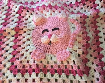 Adorable Crochet Granny Square Blanket - Pink Kitty Cat