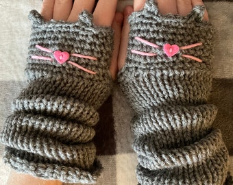 Cutest Mitts Ever - Adorable Kitty Cat Fingerless Gloves Hand-Knit in Gray Grey with Pink