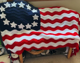 Beautiful Crochet American Flag Wavy Blanket Afghan Throw - USA Americana Patriot 4th of July Decor - red white blue and stars