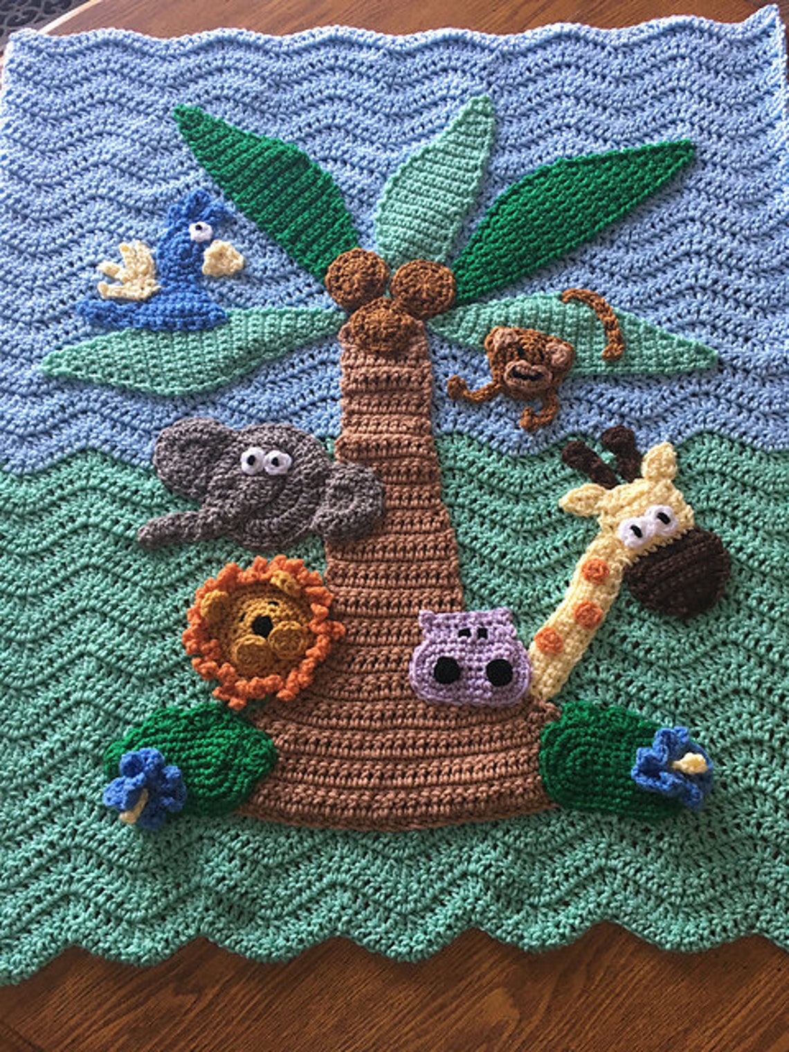 Jungle Theme Crochet Baby Blanket With Giraffe Lion Elephant and Monkey ...