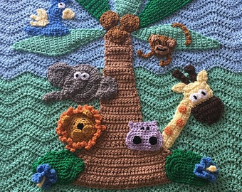 Jungle Theme Crochet Baby Blanket with Giraffe Lion Elephant and Monkey