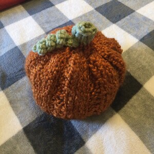Könnte beinhalten: Eine gestrickte Kürbis-Mütze mit einem grünen gehäkelten Stiel. Die Mütze ist braun und hat eine strukturierte Oberfläche.