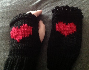 Valentines Day Fingerless Gloves - Black with Red Heart