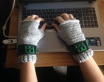 Gamer Mitts - Grey, Black and Green Hand-Knit Fingerless Gloves