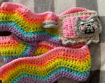 Adorable Fans of Nyan Cat Pastel Rainbow Scarf -  Crochet Wall Hanging or Scarf