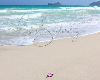 Oahu photo, turquoise green water, beach wedding, seascape, beach photo, purple plumeria, sand, beach decor, tropical print to download