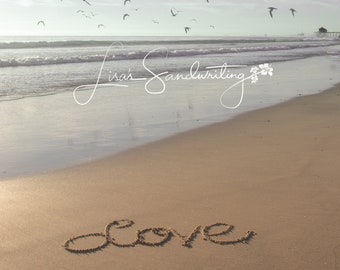 Love written in the sand, seagulls at the beach, love, sand writing, sunset, pink sky, california sunset, sea birds, personalized word