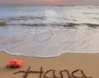 Maui, Hana, Hawaii sunset digital photo, Maui Humane soc donation, sunset, orange sky, sand writing, sunset word, Hawaii memory, gift.