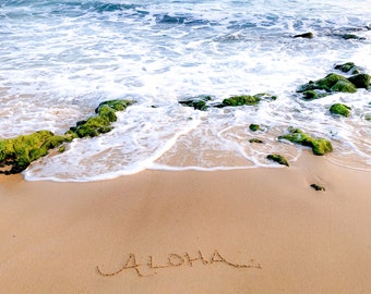 Aloha, aloha written in the sand, love, Hawaii, Oahu, beach wedding, ocean, seascape art, beach photography, beach decor, pacific ocean, sea