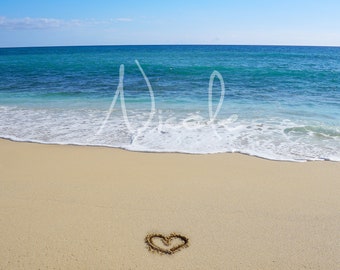 Heart, sand writing heart, hawaiian beach photo, blue ocean, heart drawn in the sand, beach wedding, valentines day, beach invitations