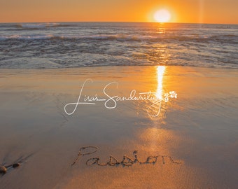 Passion written in the sand, horizontal, warm sunset, passion word, beach words, beach photography, sunset art, wedding gift, love