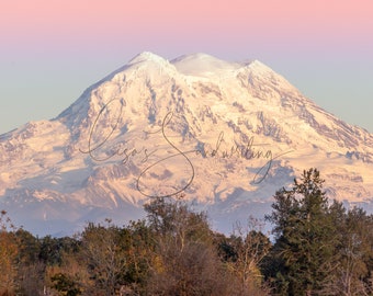 Mt Rainier, pink sunset on Mt Rainier, mountain photo, wedding gift, Washington state landmark, Seattle landmark, PNW gift