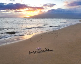 Maui Hawaii sunset, Kihei, pink starfish, beautiful sky, deep vibrant sunset, sand writing word of Hawaii, beach art, beach digital photo.
