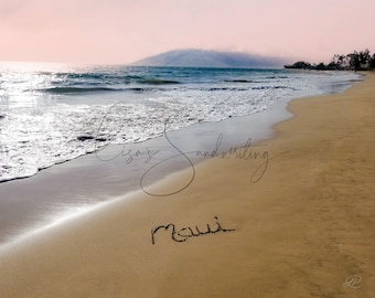 Maui pink sky, Kihei beach, proceeds donated to the Maui Humane soc., Maui written in the sand