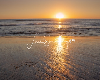 Hearts, 2 hearts in the sand, single and double hearts drawn in the sand, beach wedding, tropical art, beach party, valentines day, sunset