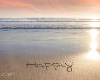 Happy written in the sand at sunset, happy, sand writing, inspirational word, words in the sand, sunset, beach photo, beach art