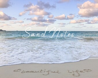 Sand writing beautiful life, inspirational print, beach photography, Hawaii sunrise print, hearts in the sand, inspirational art, ocean