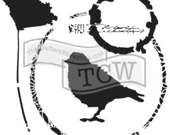 May include: Black and white stencil featuring a bird, a coffee cup ring, and a floral design. The stencil is labelled "TCW" for The Crafters Workshop.