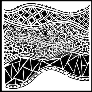 May include: Black and white stencil with a wavy design featuring different patterns, including swirls, dots, and geometric shapes.